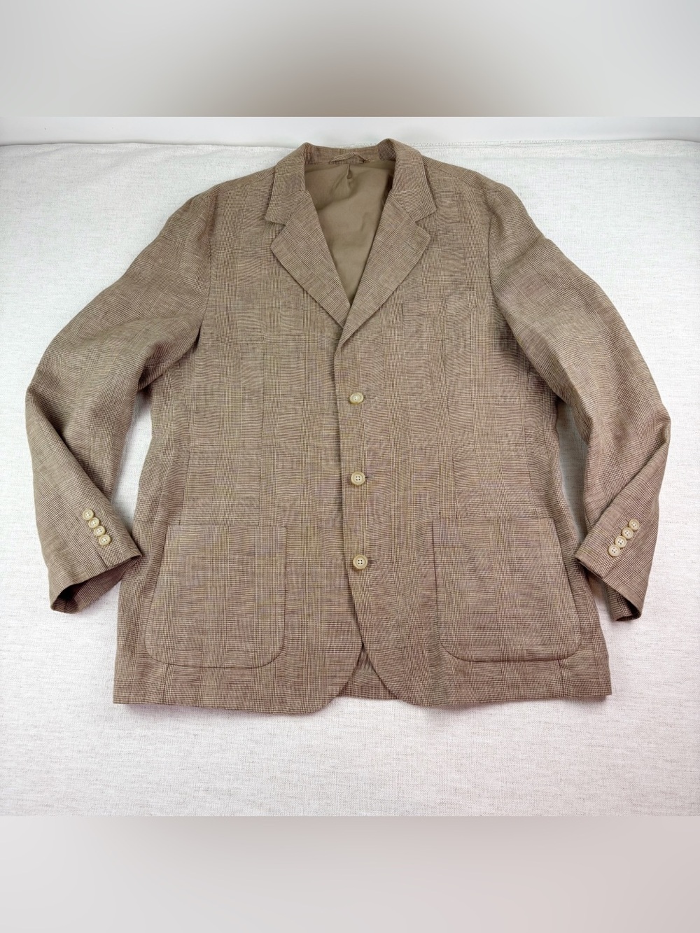 Talbots Men's Brown houndstooth 100% Linen Blazer light weight 3 buttons‎ size L